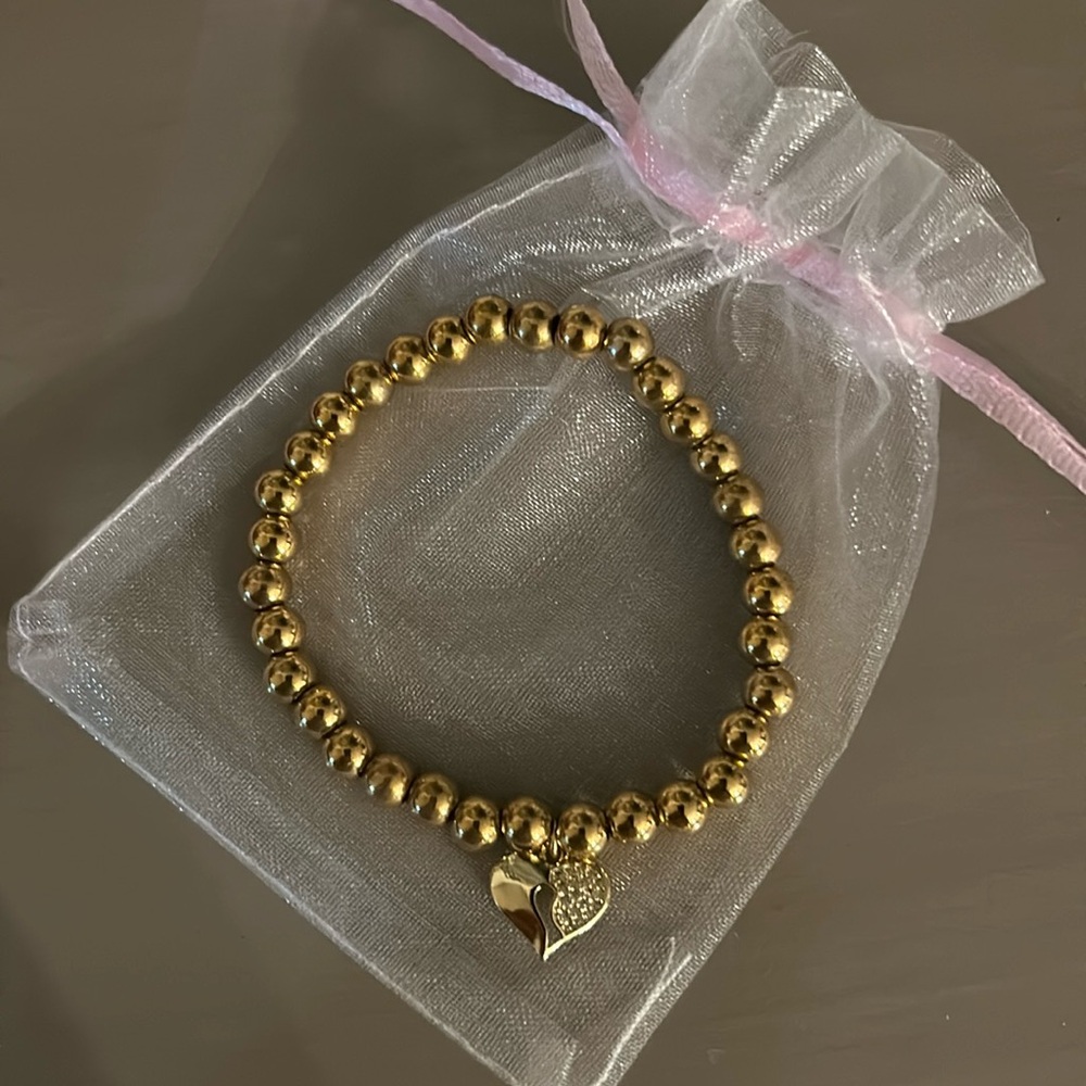 Gold Beaded Heart Charm with Crystal Bracelet NEW